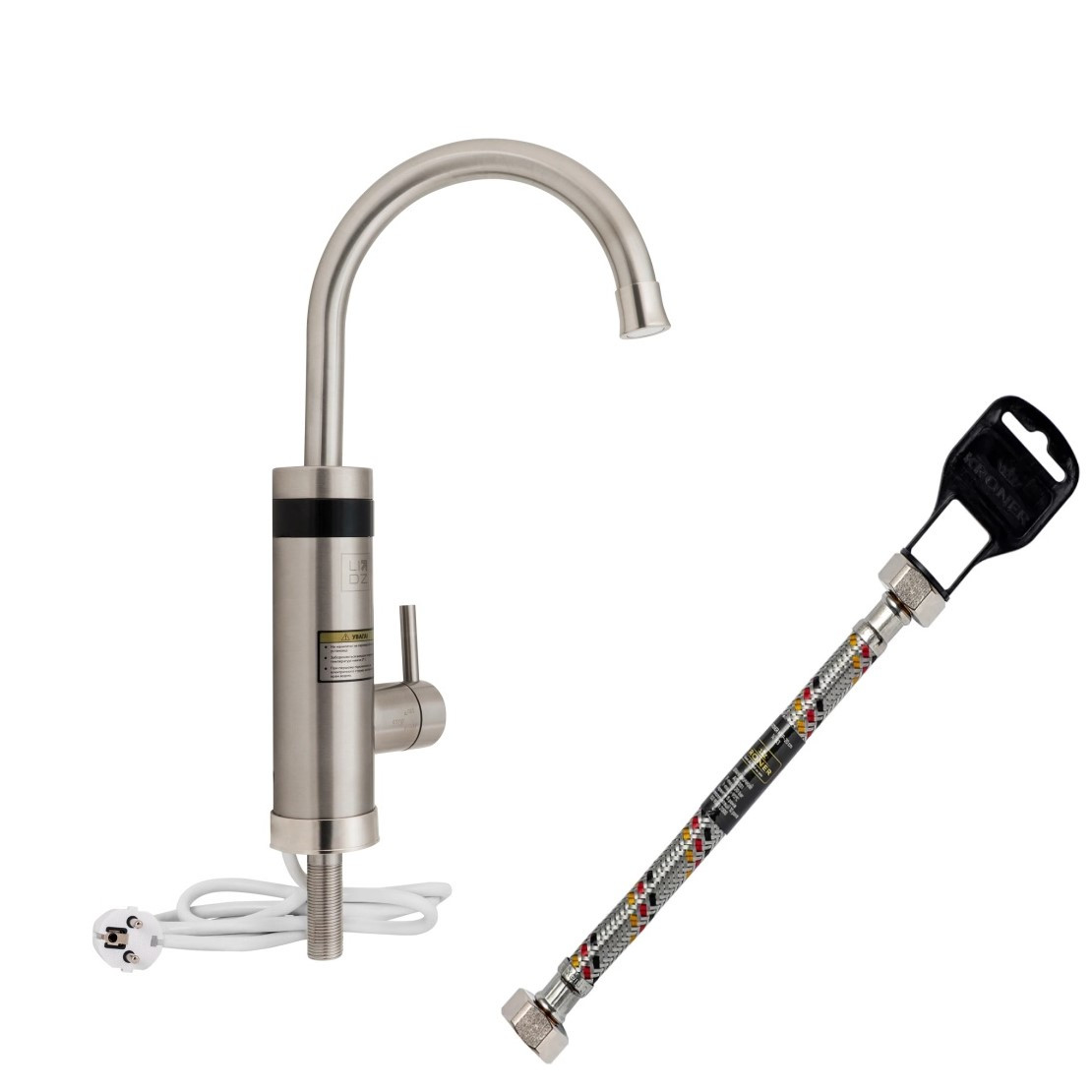 Проточний кран-водонагрівач кухонний Warm 060 Nickel Lidz + гнучка підводка 1/2" ВВ 60 см