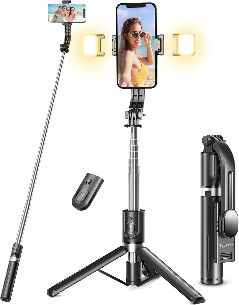 Штатив Tupwoon Selfie Stick з 2 заповнюючими вогнями Дуже довгий 45-дюймовий штатив для телефону зі знімним пультом дистанційного