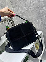 Жіноча сумка з квадратами комбінована чорна натуральна замша+шкірзам