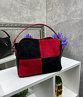 Жіноча сумка середня комбінована чорна з червоним натуральна замша+шкірзам