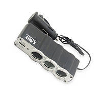 Розгалужувач прикурювача 3 вих. 5А,  60Вт, 1 USB 0.5А, провід 0,75м, Євро