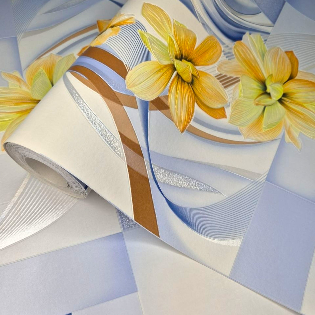 Шпалери вінілові 10 × 0.53 м Слов’янські шпалери 5698-03, обої блакитний з квітами, для вітальні, коридору, кухні, фото 1