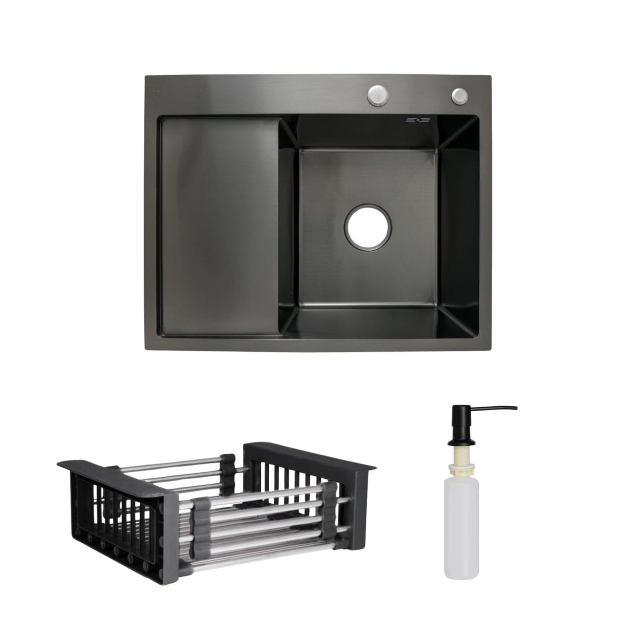 Комплект Lidz Handmade H6350BL Мийка для кухні інтегрована крило зліва BlackPVD у комплекті з дозатором + Lidz K01B Корзина для