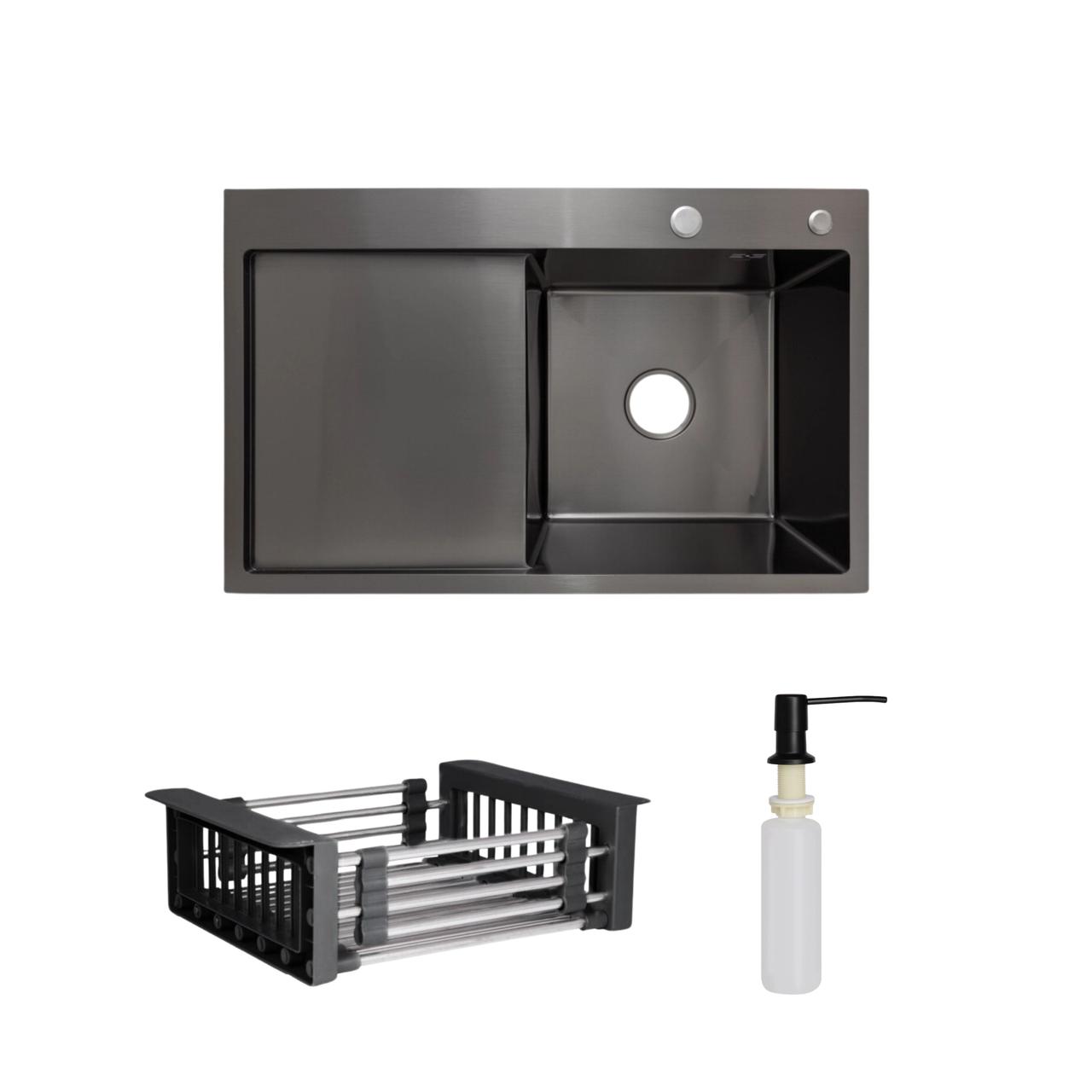 Комплект Lidz Handmade H7849BL Мийка для кухні інтегрована крило зліва BlackPVD у комплекті з дозатором + Lidz K01B Корзина для