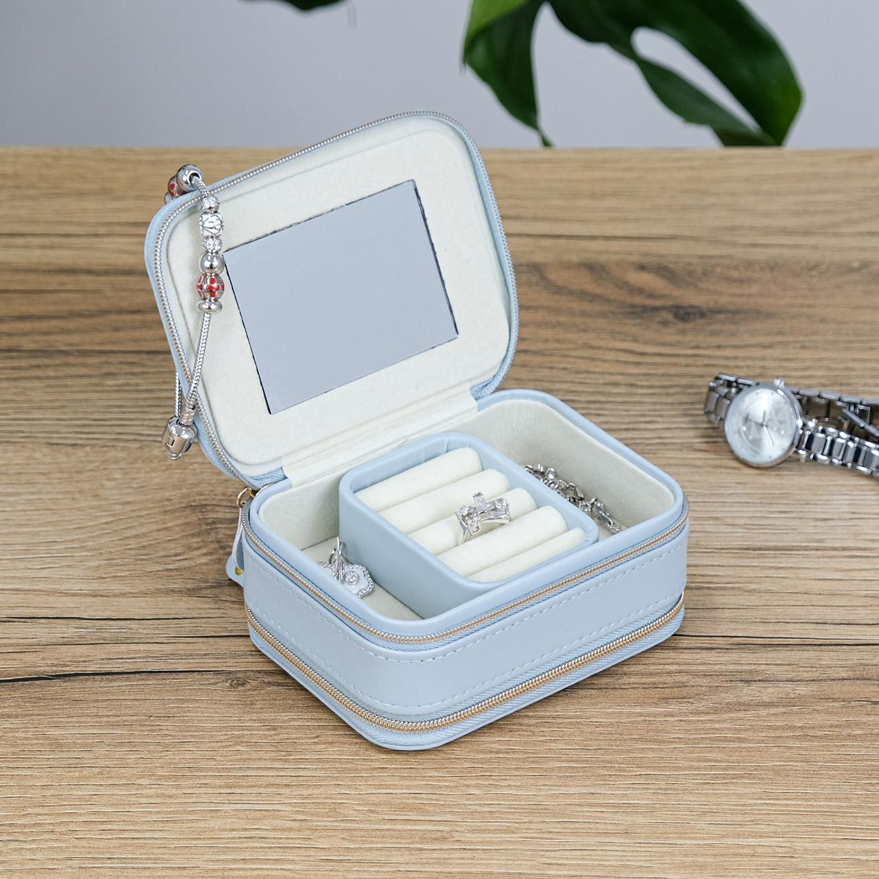 Шкатулка з дзеркалом для прикрас, двостороння, екошкіра блакитна 11.5*8.5*5 см Гранд Презент JZ-006-2