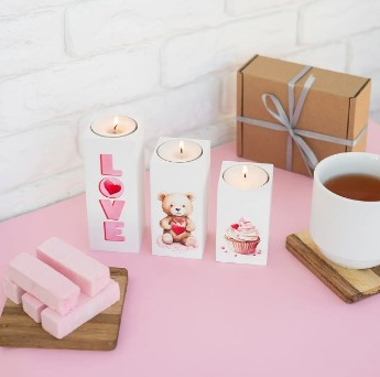 Підсвічник 3 шт для чайної свічки LOVE. Ведмедик, білий