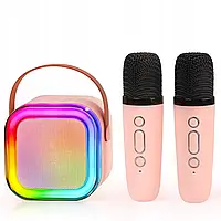 Портативная музыкальная колонка-караоке + 2 микрофона RGB-свет, розовая iC227