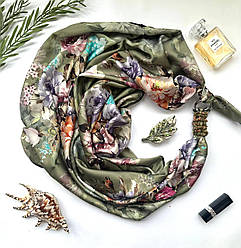 Дизайнерська шовкова хустка My Scarf "Зелений луг" 90 на 90 см прикрашена унакидом