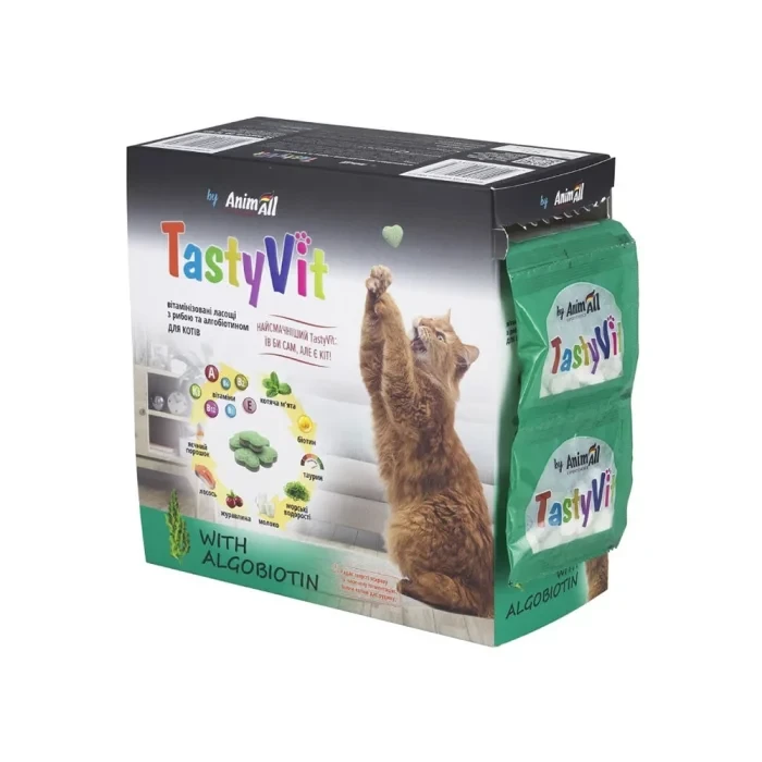 AnimAll TastyVit вітамінізовані ласощі для котів з рибою та алгобіотином, 600 шт (50 пакетів по 12 шт)