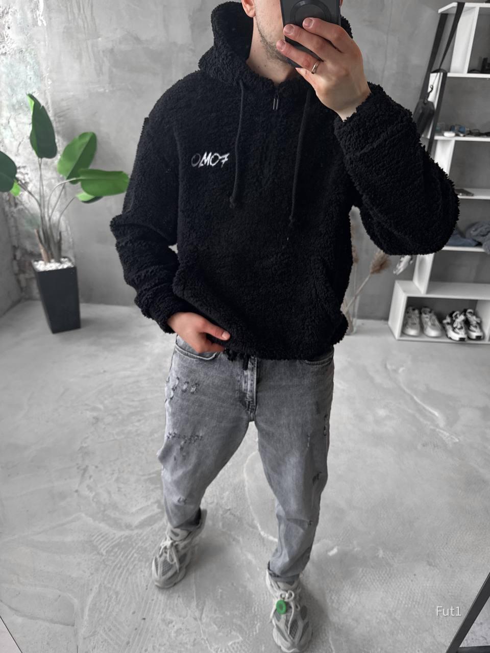 Худі кофта чоловіча чорна весна-осінь з капюшоном oversize плюшева Teddy, фото 1