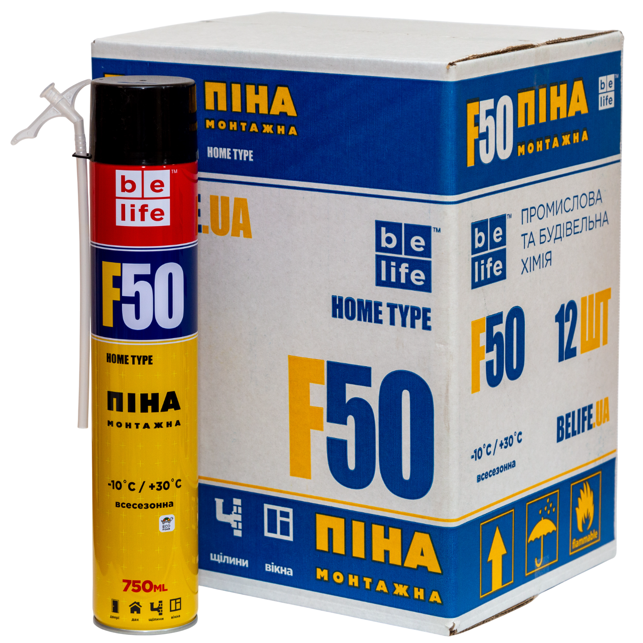 Ящик 12 шт./750 мл побутової монтажної піни BeLife (F50)
