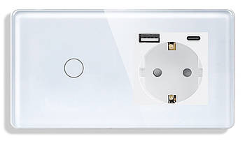 Сенсорний вимикач (1кл.) + Розетка з USB і Type-C 1DAL | Біле Скло (G157D-SW1G-STUTC.WT)