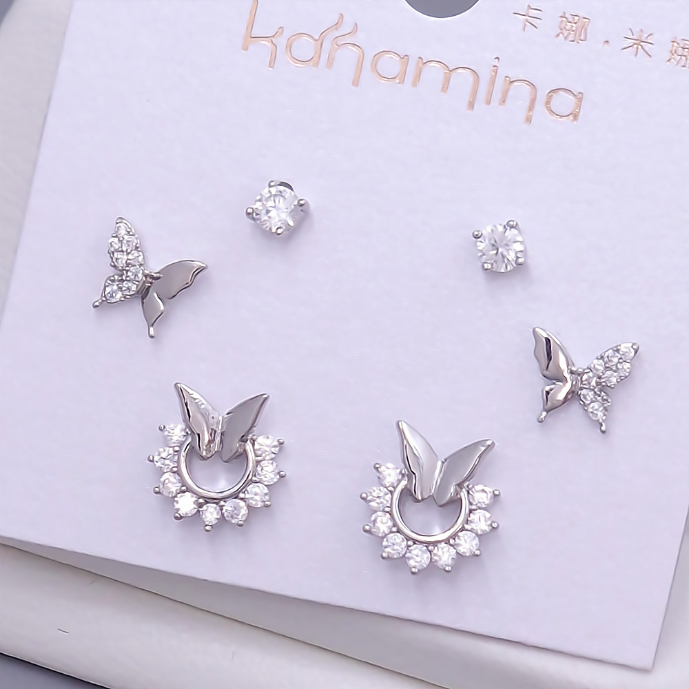 Набір із 3-х пар сережок-гвоздиків FJ. Родій. Камені: білий циркон.