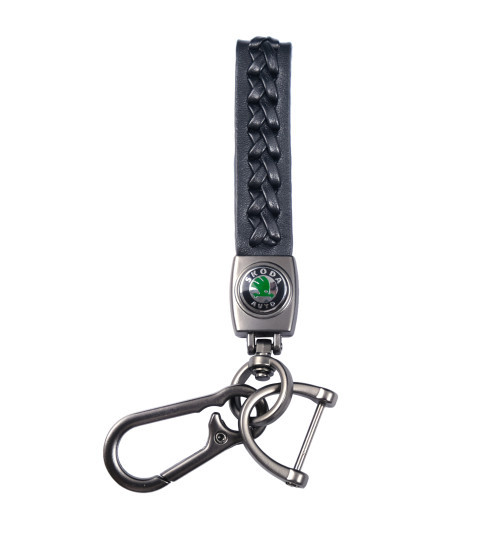 Брелок автомобільний для ключів Skoda плетений джгут з карабіном єкошкіра чорний + викрутка