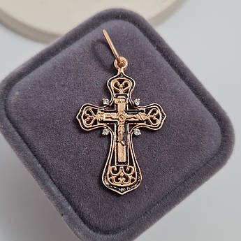 Хрестик позолочений з чорнінням розп'яттям фіанітами та написом Врятуй і Збережи