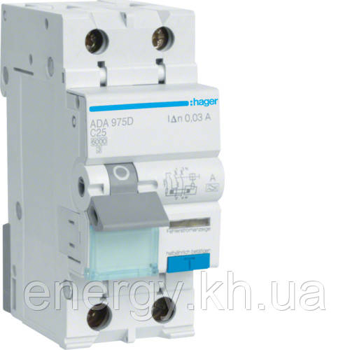Дифавтомат 1P+N  C-25A 30mA A 6kA Hager ADA975D, фото 1
