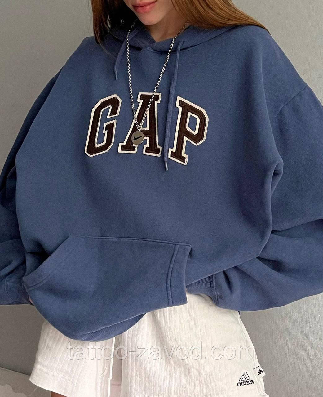 Подовжене худі жіноче оверсайз тринитка на флісі з глибоким капюшоном із написом на грудях 42-46 48-52, фото 1