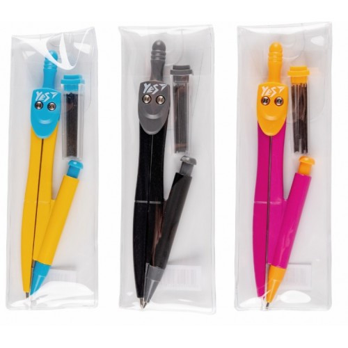 Циркуль Yes 220092 у прозорому чохлі із запасними грифелями та механічним олівцем (1/12)