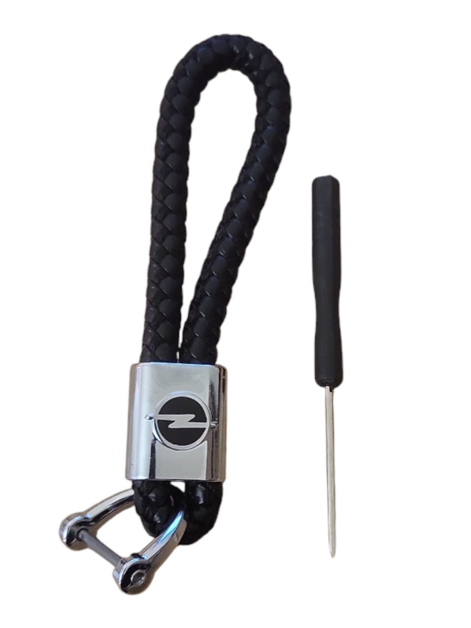 Брелок автомобільний для ключів Opel плетений джгут єкошкіра чорний + викрутка