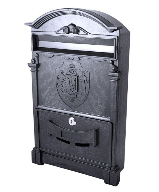 Поштова скринька пластикова чорна з гербом України, вологостійка, із замком, фото 1