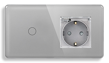 Сенсорний вимикач (1кл.) + Розетка з кришкою 1DAL | Сірий Скло (G157D-SW1G-STCR.GR)