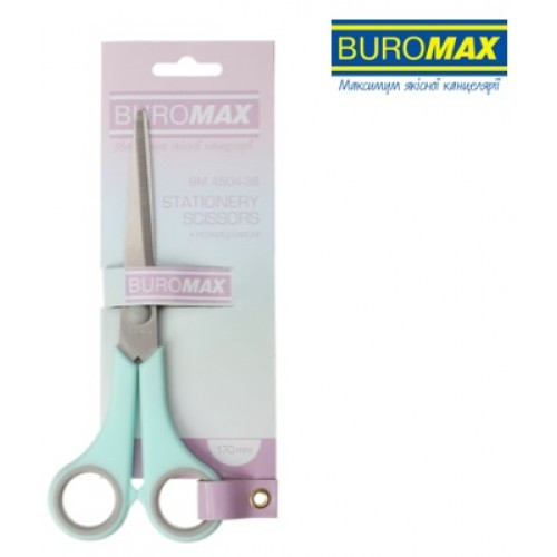 Ножиці BUROMAX 4504-38 офісні 17см круглі ручки з сірими гумов. вставками Бірюзові PASTEL (1/)