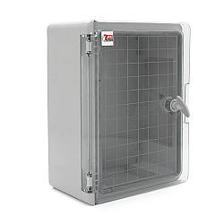 Бокс міцний з ABS пластику з монтажною панеллю 330х250х140, з прозорими дверцятами, IP65