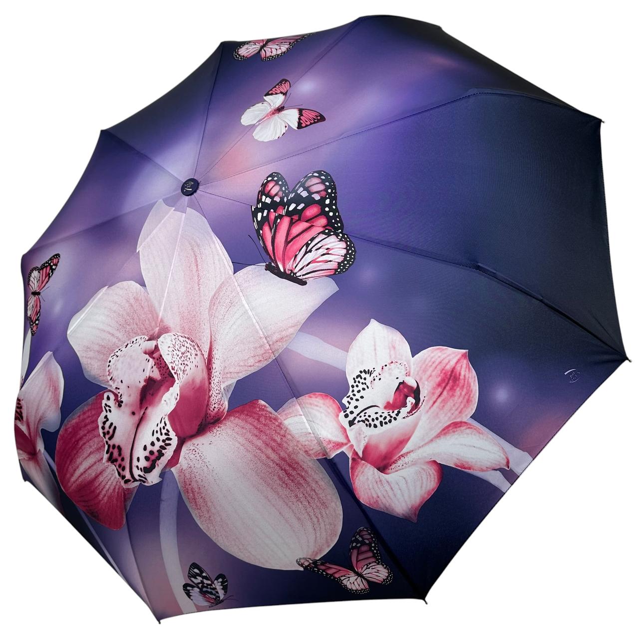 Жіноча складна парасоля напівавтомат на 9 спиць з принтом квітів і метеликів від Frei Regen, ручка синя, N 03001-3, фото 1