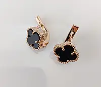 Срібні сережки 925 проби, Конюшина, Ван кліф, позолота 585 проби, онікс
