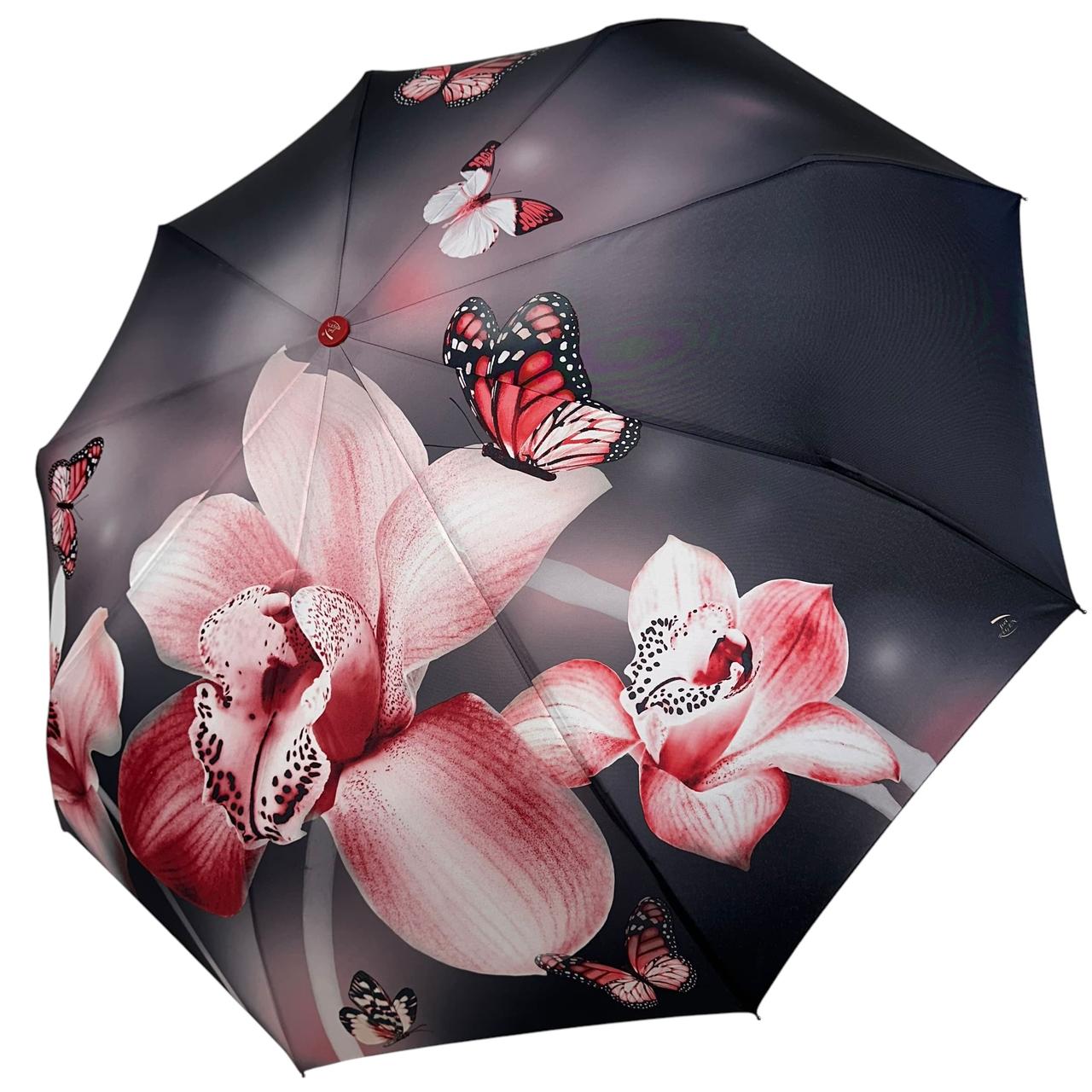 Жіноча складна парасоля автомат на 9 спиць з принтом квітів і метеликів від Frei Regen, ручка червона, N 03000-3