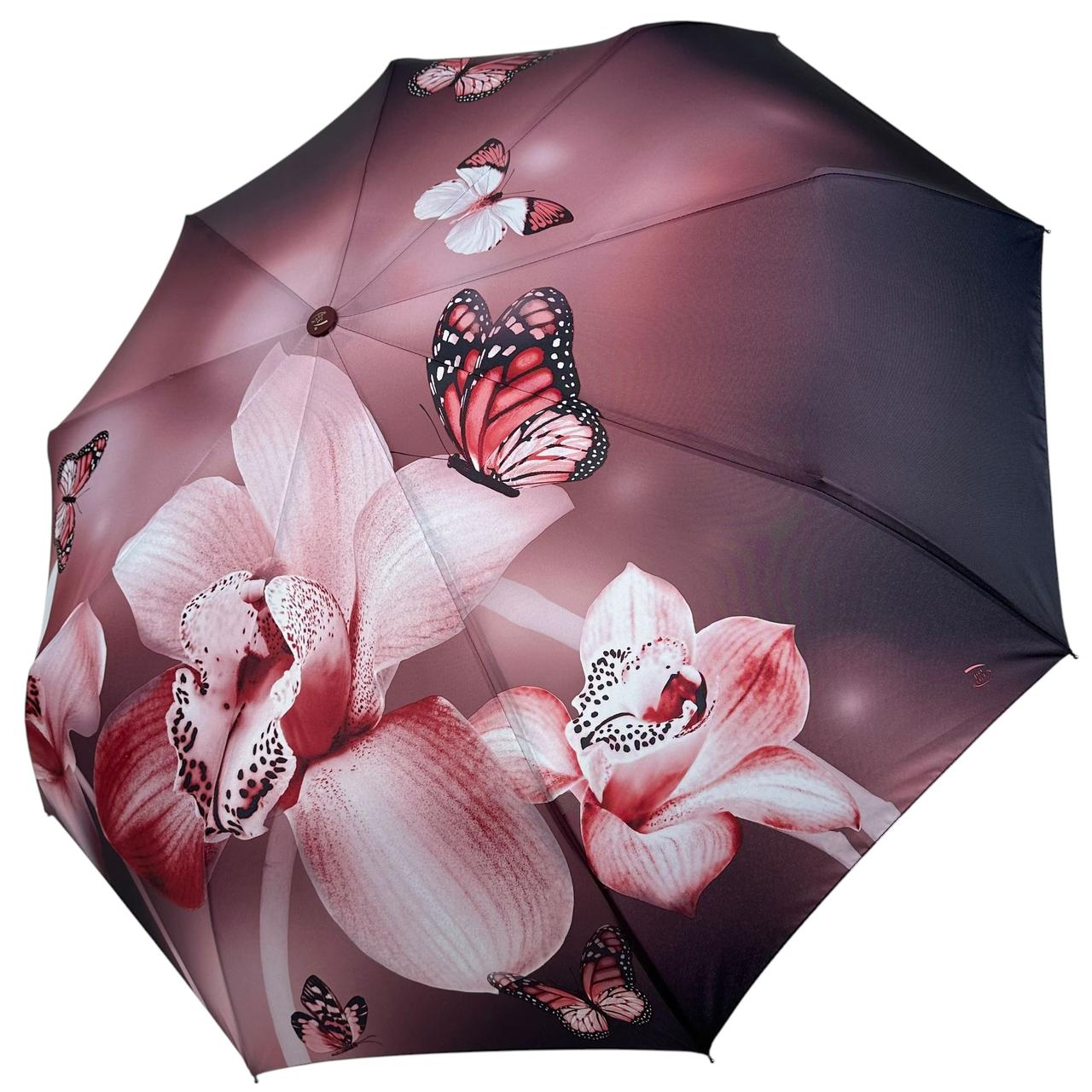Жіноча складна парасоля напівавтомат на 9 спиць з принтом квітів і метеликів від Frei Regen, ручка бордова, N 03001-6