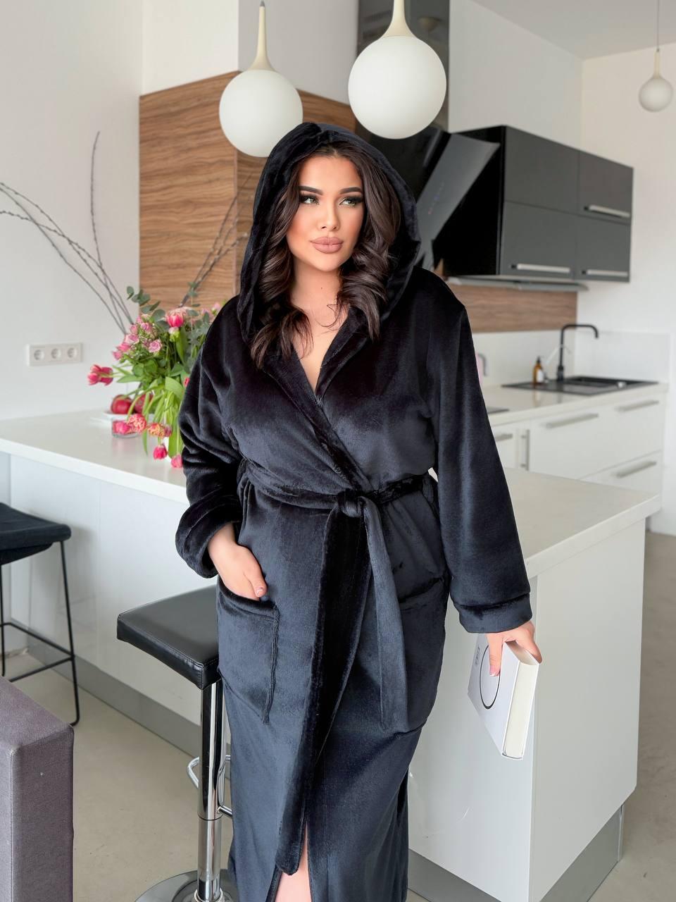 Домашній халат унісекс з капюшоном чорного кольору, фото 1