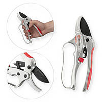 Секатор 180мм Intertool сталь SK5 з храповим механізмом, алюм. ручки, до 25мм