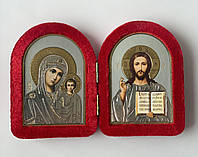 Икона складень в красном бархате икона Божией Матери и Спаситель