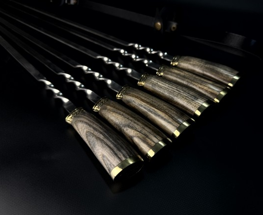 Набір шампурів "Тризуб" рукоять дерево та художнє лиття з бронзи в сагайдаку з натуральної шкіри, фото 1