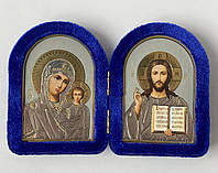 Икона складень в синем бархате икона Божией Матери и Спаситель
