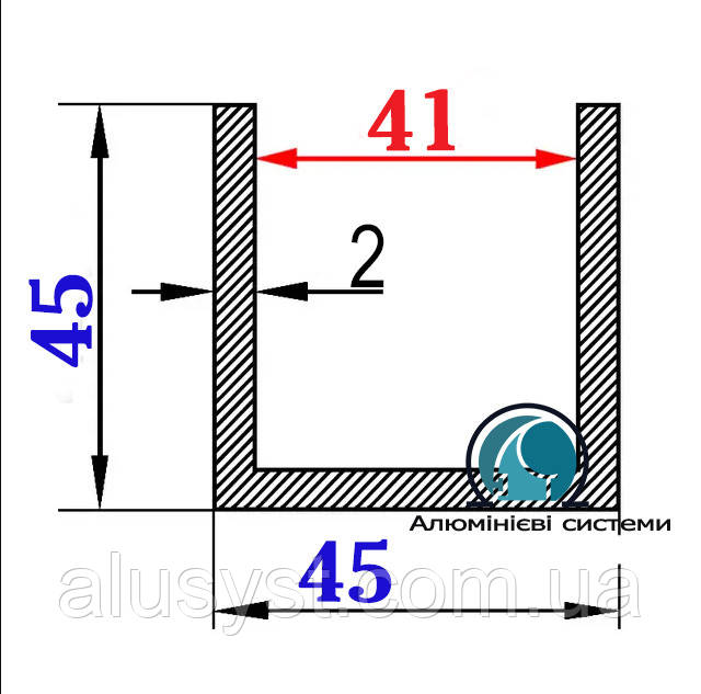 41 мм / 45х45х2 швелер 3 метри/анодованій