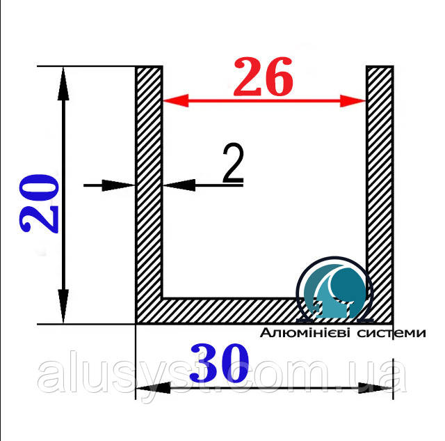 26 мм / 30х20х2 швелер 1 метр/анодованій