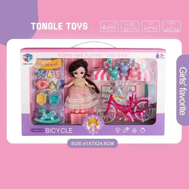 Лялька з велосипедом (висота 15 см, імітація скляних очей, шарнірні суглоби, аксесуари, в коробці) 6688-16