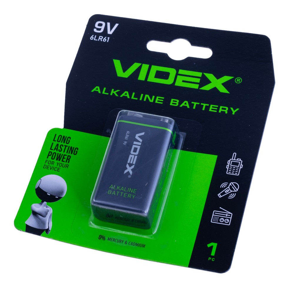 Батарейка лужна, 6LF22, 6LR61 ("крона"), 9V, VIDEX