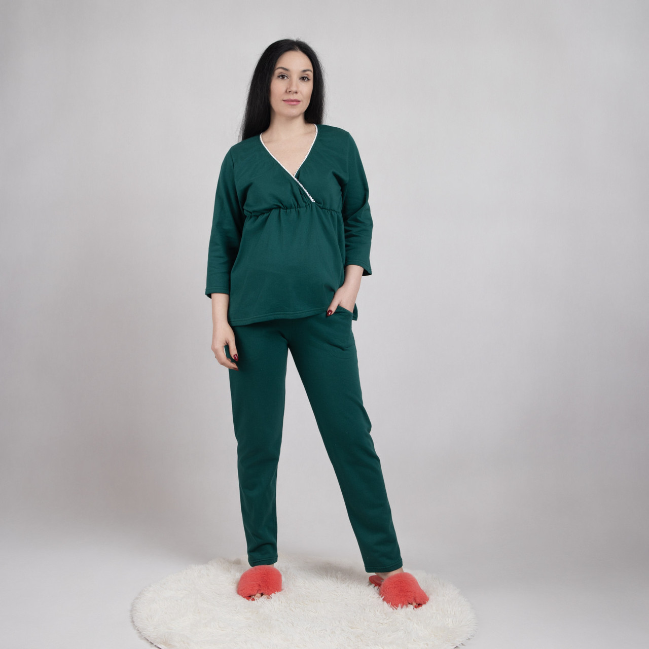 Піжама для мам, що годують, з начосом зелений 44-58р.