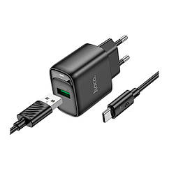 Мережевий зарядний пристрій Hoco C140A 1 USB QC 18 W + USB to Type-C Колір Чорний