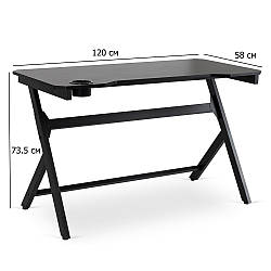 Ігровий стіл для комп'ютера Bleck 120х58 см чорний з підсклянником на металевих ніжках