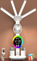 Настільна лампа з чотирма плафонами та RGB-підсвіткою годинник і вентилятор
