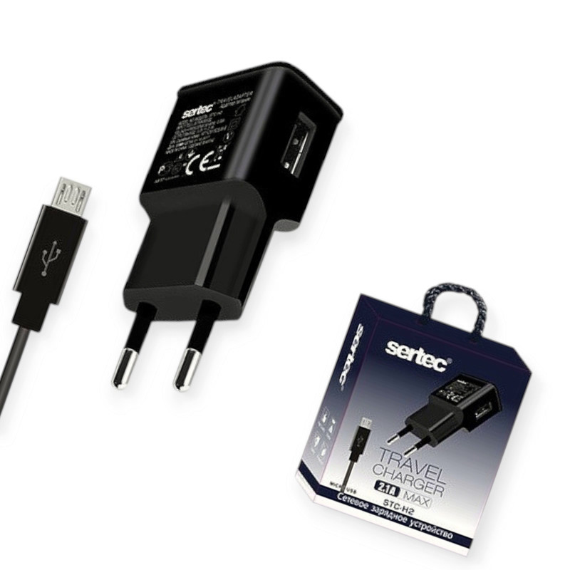 Зарядний пристрій від мережі 220В на USB 2.1A , кабель - Micro USB, чорний Sertec
