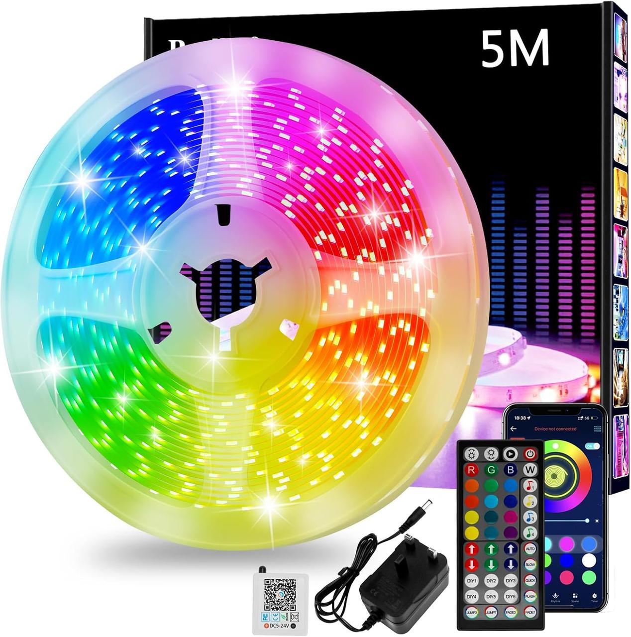 Світлодіодна стрічка 5 м, світлодіодні ліхтарі RGB з пультом дистанційного керування додатком, синхронізація кольору музики, фото 1