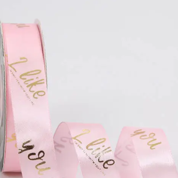 Стрічка атласна 2,5 см (1 м) "I like you", рожева, фото 1