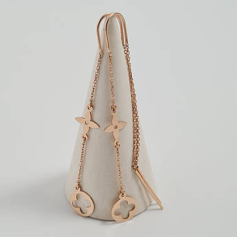 Сережки золоті протяжки з підвіскою клевером без каменів