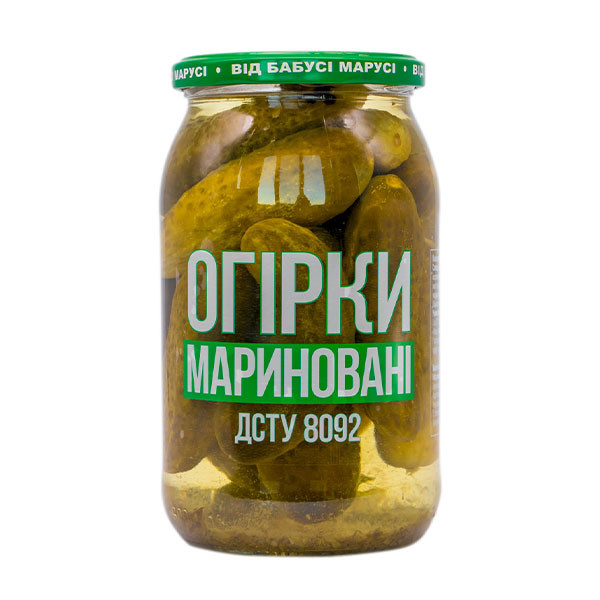 Огірки мариновані хрусткі з насиченим смаком Тернопольський м'ясокомбінат 900 грамів у скляній банці