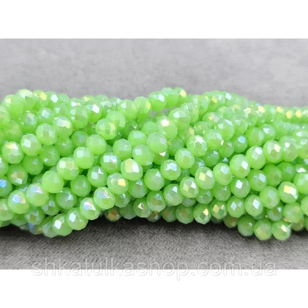 Намистини кришталеві рондель 4х3мм, зелений матово-прозорий з переливом, фото 1